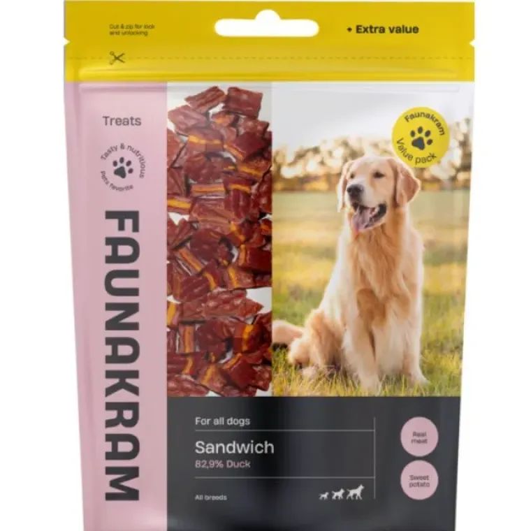 Godbidder & Smagsvarianter|Godbidder Og Gnaveben^Faunakram Duck And Sweet Potato Sandwich | 300g