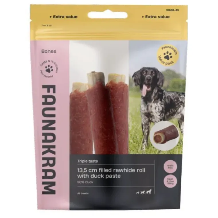 Godbidder Og Gnaveben^Faunakram Filled Rawhide Roll w. Duck Paste 300g | 4 stk