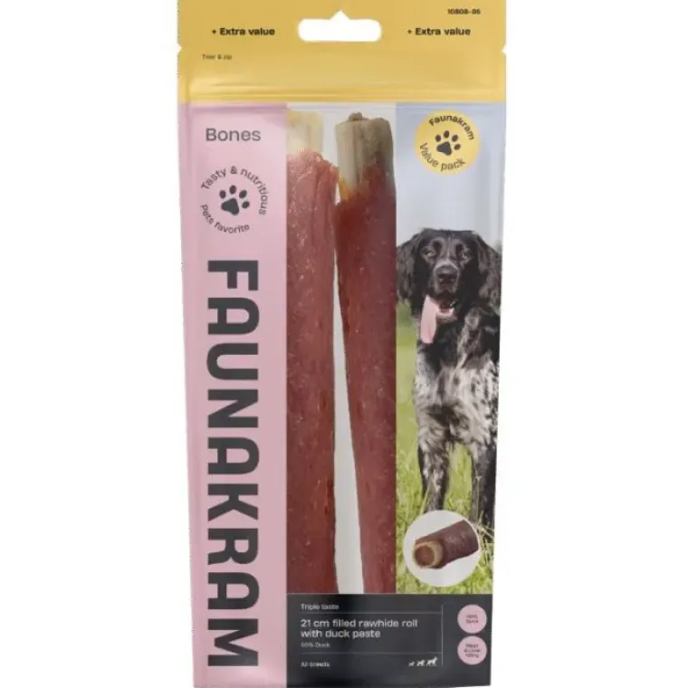 Godbidder Og Gnaveben^Faunakram Filled Rawhide Roll w. Duck Paste 300g | 2 stk