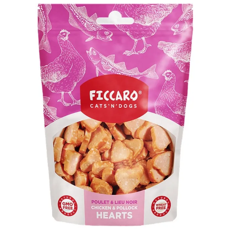 Hvalpegodbidder Og Gnaveben|Hundefødselsdag^Ficcaro Chicken & Pollock Hearts | 100g