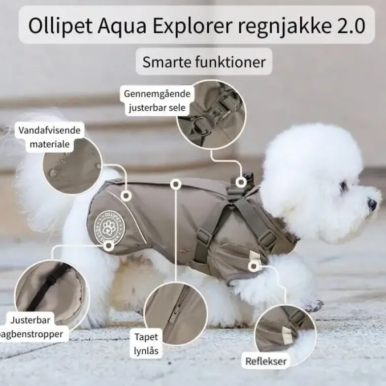 Hundeferien|Efterårsklar^Ollipet Aqua Explorer Regnjakke med sele 2.0 Mokka